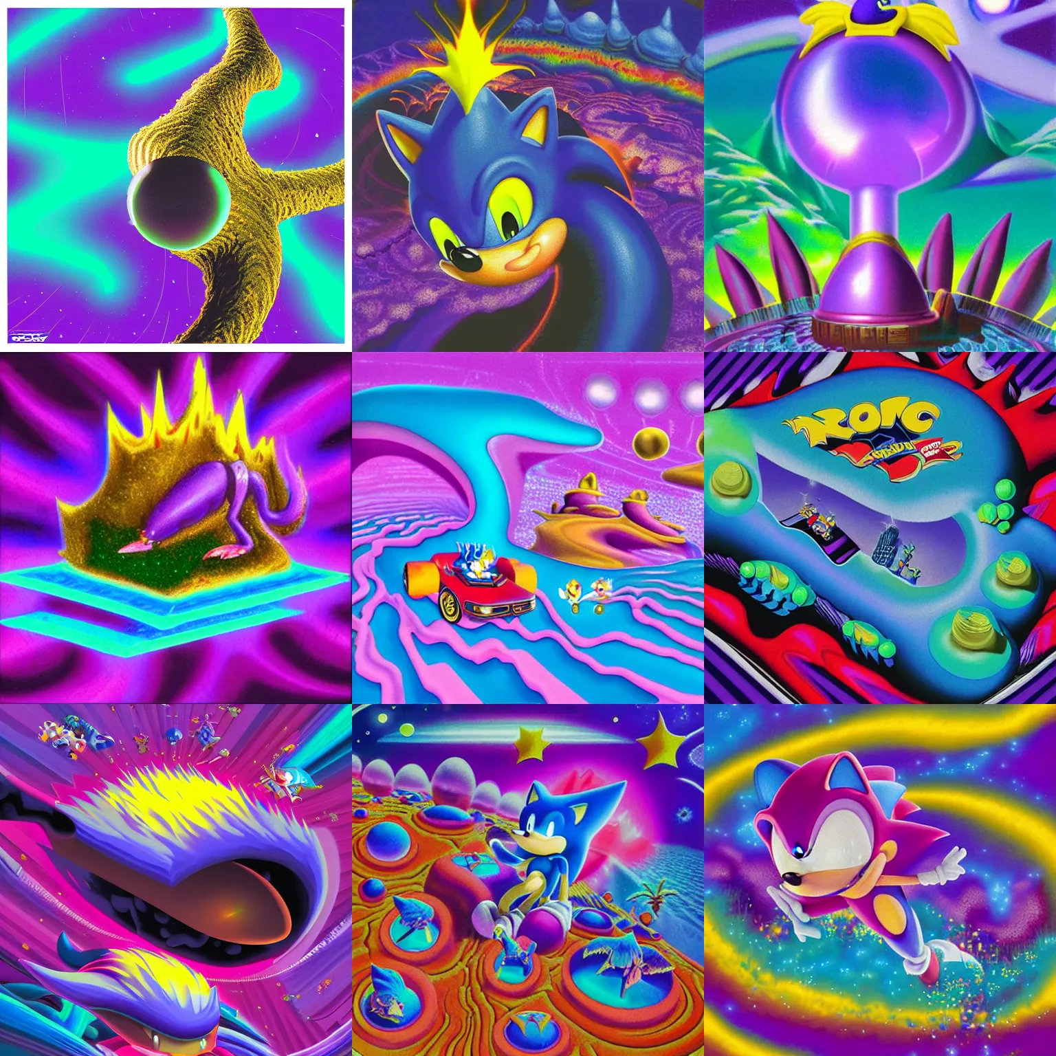 Prompt: dreaming of closeup sonic hedgehog portrait lava lamp claymation scifi matte painting landscape of a surreal stars, retro moulded professional soft pastels high quality airbrush art album cover of a liquid dissolving airbrush art lsd sonic the hedgehog swimming through cyberspace purple teal checkerboard background 1 9 8 0 s 1 9 8 2 sega genesis video game album cover