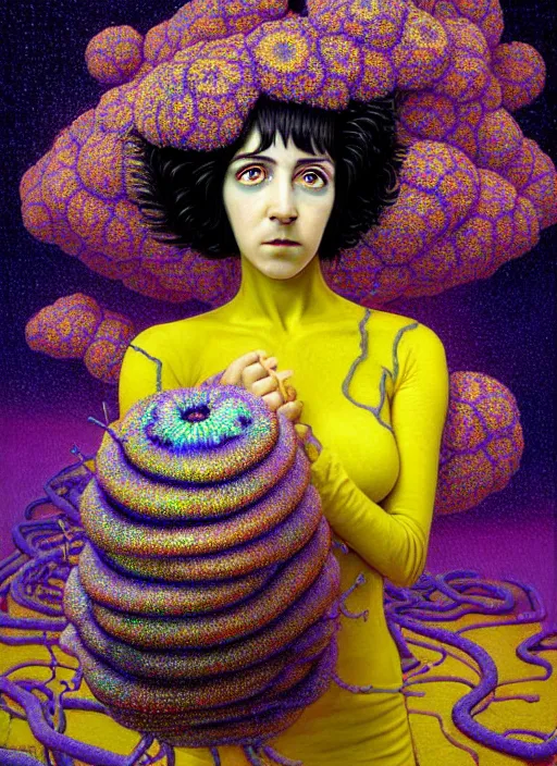 Image similar to hyper detailed 3d render like a Oil painting - Ramona Flowers with black hair in thick mascara seen seriously Eating of the Strangling network of colorful adorable yellowcake and aerochrome and milky Fruit and Her delicate Hands hold of gossamer polyp blossoms bring iridescent fungal flowers whose spores black the foolish stars by Jacek Yerka, Mariusz Lewandowski, Houdini algorithmic generative render, Abstract brush strokes, Masterpiece, Edward Hopper and James Gilleard, Zdzislaw Beksinski, Mark Ryden, Wolfgang Lettl, Dan Hiller, hints of Yayoi Kasuma, octane render, 8k