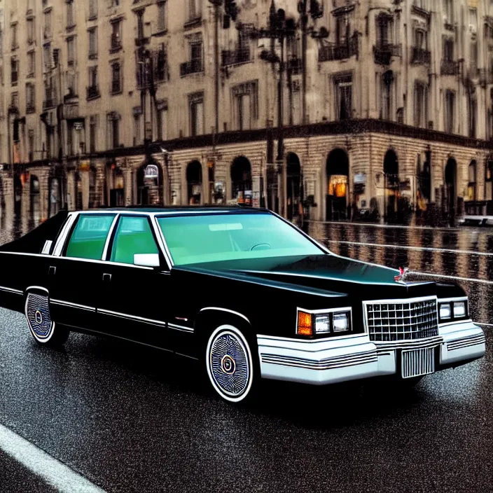 Image similar to hyper realistic, high detail photo of black 1 9 9 2 cadillac de ville, city streets wet, beautiful, dreary lighting