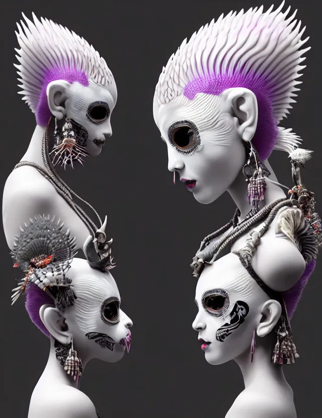 Image similar to 3 d goddess close - up profile simple portrait punk with mohawk with goat skull. beautiful intricately detailed japanese crow kitsune mask and clasical japanese kimono. betta fish, jellyfish phoenix, bio luminescent, plasma, ice, water, wind, creature, artwork by tooth wu and wlop and beeple and greg rutkowski