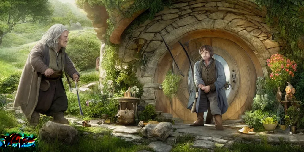 Prompt: a hobbit in his home at the shire with gandalf casting spells fantasy hi quality 4 k render,