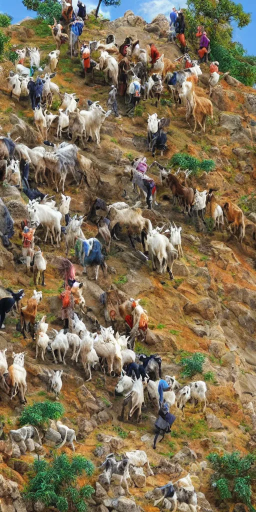 Image similar to a herd of goats climbing a citadel!, colorful, beautiful, highly detailed