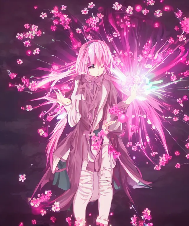 Image similar to anime girl with light pink hair with pink flames, video game, cherry blossoms, neo tokyo, symmetrical,