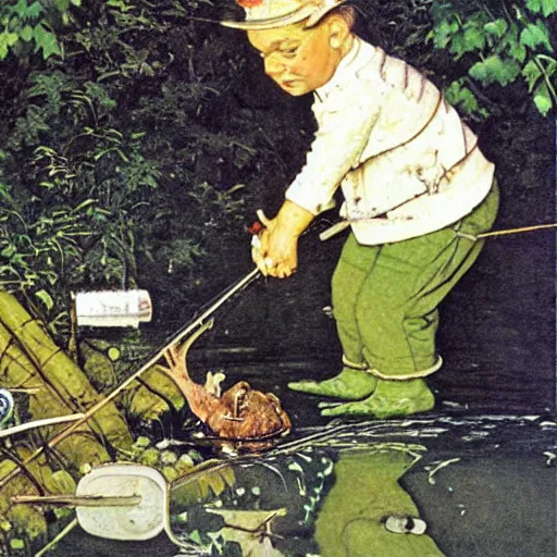 Image similar to pepe the frog fishing by norman rockwell