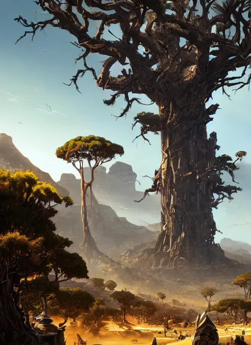 Image similar to hyper realistic robot attacking cape town city beautiful details, gnarly trees, strong composition, poster painted by greg rutkowski, concept art, arcane style, hearthstone wizards of the coast norman rockwell, james gurney and greg rutkowski weta studio, and lucasfilm and best of artstation