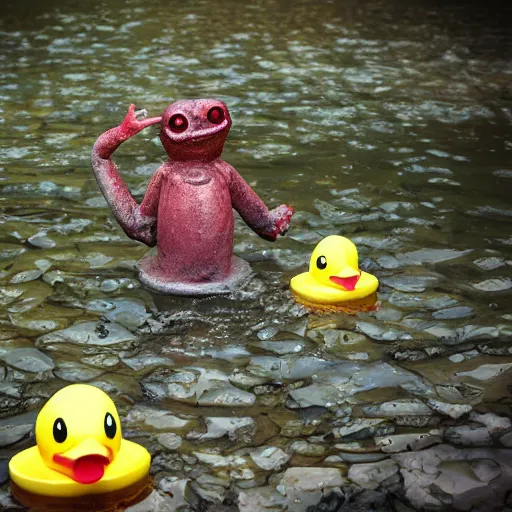 Image similar to rubber duck horror, rubber duck mutant, rubber duck zombie horror, photography