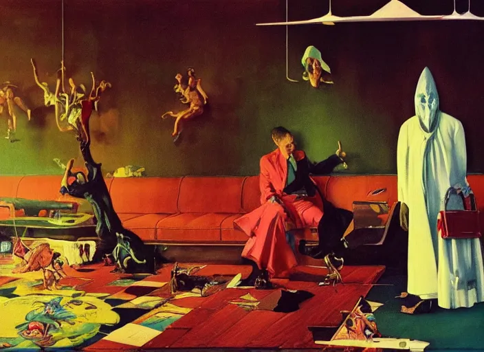Prompt: a still from the film the holy mountain by francis bacon, surreal, norman rockwell and james jean, greg hildebrandt, and mark brooks, triadic color scheme, by greg rutkowski, in the style of francis bacon and syd mead and edward hopper and norman rockwell and beksinski, dark surrealism, open ceiling