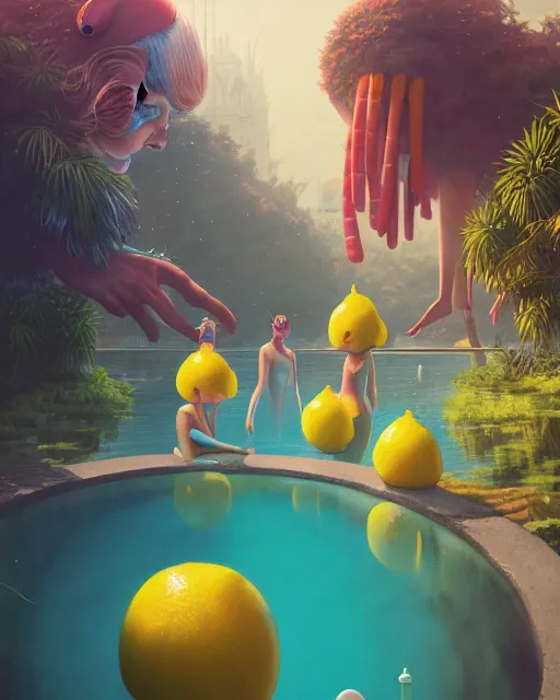 Prompt: highly detailed surreal vfx portrait of an anthropomorphic lemon pool party, stephen bliss, unreal engine, greg rutkowski, loish, rhads, beeple, makoto shinkai and lois van baarle, ilya kuvshinov, rossdraws, tom bagshaw, global illumination, detailed and intricate environment