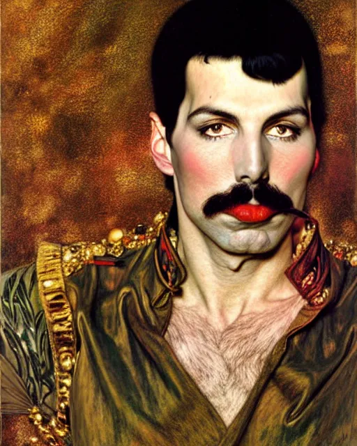 Prompt: A portrait of Freddie Mercury, by Richard Schmid, Anthony Van Dyck, Gustav Klimt, Edmund Dulac