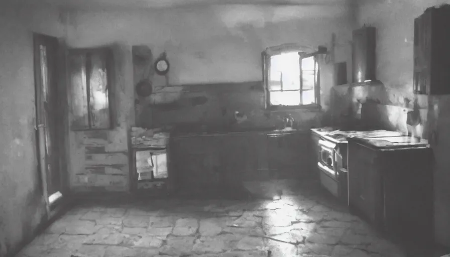 Prompt: a rhinoceros in a burning stalinist style kitchen, mini dv camera found footage, very very low quality picture, heavy grain, caught on security camera, heavy jpeg artifact, night vision very blurry, caught on trail cam, 1 4 4 p, ultra wide lens