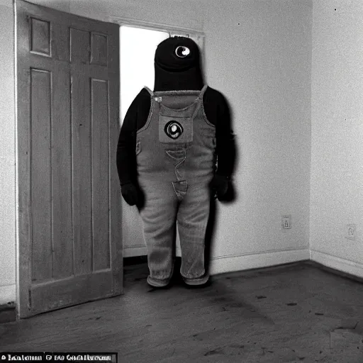 Image similar to realistic photograph of a creepy evil minion, if it were a real person, accidentally caught on camera in a old house, in the 8 0's