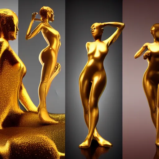 Prompt: 3 d fluid simulation render, octane render, xparticles, black latex and golden colors, female bodies, abstract sculpture