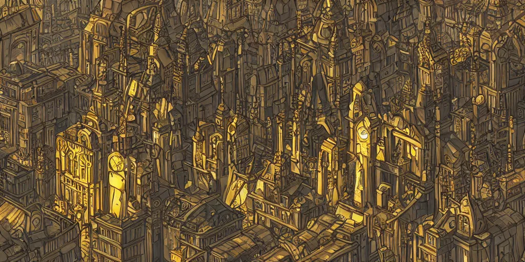 Image similar to a golden steampunk city in the style of arcane