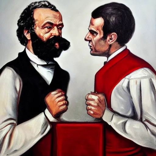 Image similar to oil painting of karl marx and emmanuel macron arm wrestling