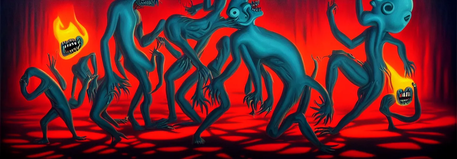 Image similar to visceral freaky obsessive monsters from the darkest depths of collective unconscious, dramatic glowing lighting, 1 9 3 0 s fleischer cartoon characters, wild emotional expressions - surreal painting by ronny khalil