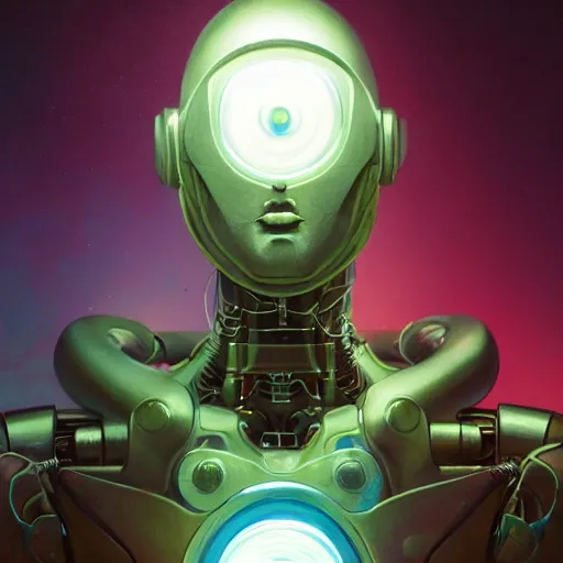 Image similar to a hyper - realistic character concept art portrait of a robotic being with multiple body parts that emit colored lights, depth of field background, artstation, award - winning realistic sci - fi concept art by jim burns and greg rutkowski, beksinski, a realism masterpiece, james gilleard, bruegel, alphonse mucha, and yoshitaka amano.