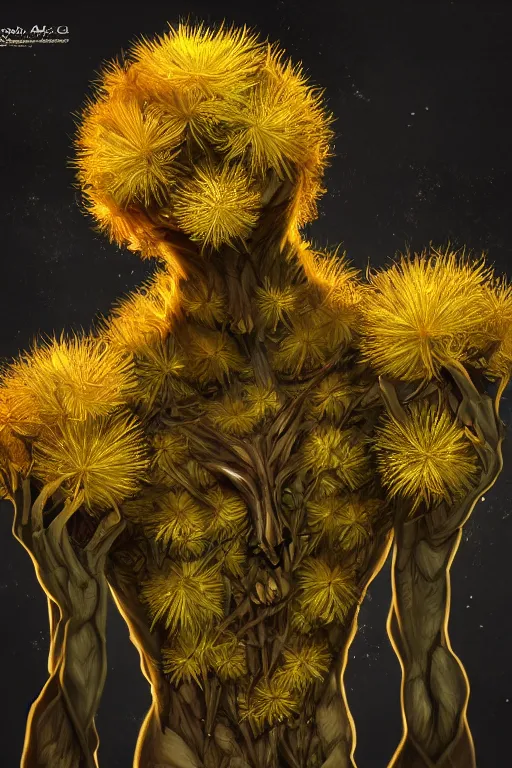 Image similar to a humanoid figure dandelion plant monster, amber eyes, highly detailed, digital art, sharp focus, ambient lighting, trending on art station, anime art style