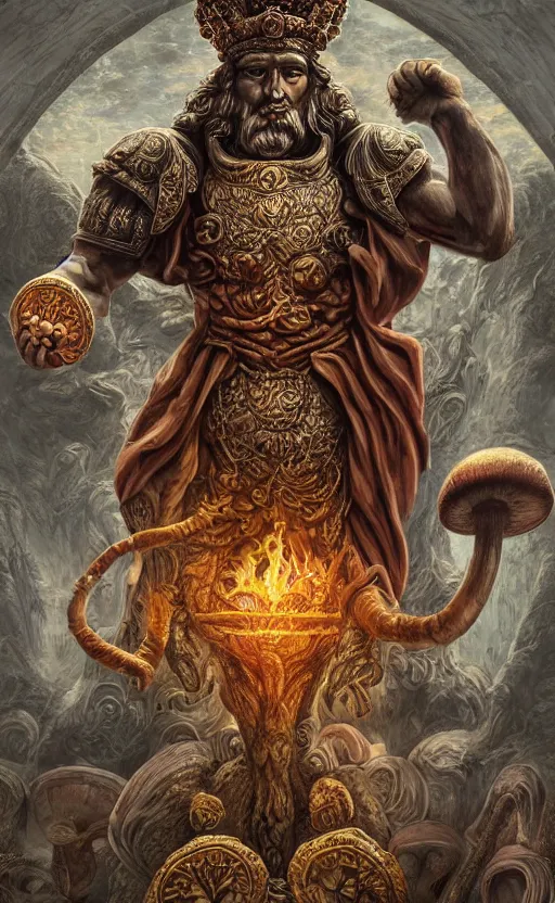 Image similar to a masterpiece hyperdetailed dnd tarot card full body portrait, magnificent mushroom deity as depicted in a colossal marble statue ( with godlike bodybuilder physique ) made by ancient greeks, hd tarot card depicting monumental statue of a dignified mushroom god with cute large mushroom hat, golden norse runes in the background, hdr, 8 k, artstationhq, digital art