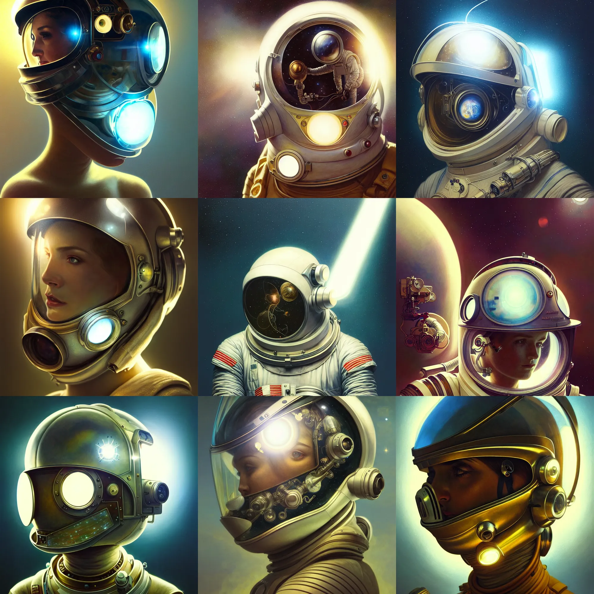 Image similar to ultra realistic retro futuristic astronaut helmet, lens flare, diffuse lighting, fantasy, intricate, elegant, highly detailed, lifelike, photorealistic, digital painting, artstation, illustration, concept art, smooth, sharp focus, art by John Collier and Albert Aublet and Krenz Cushart and Artem Demura and Alphonse Mucha