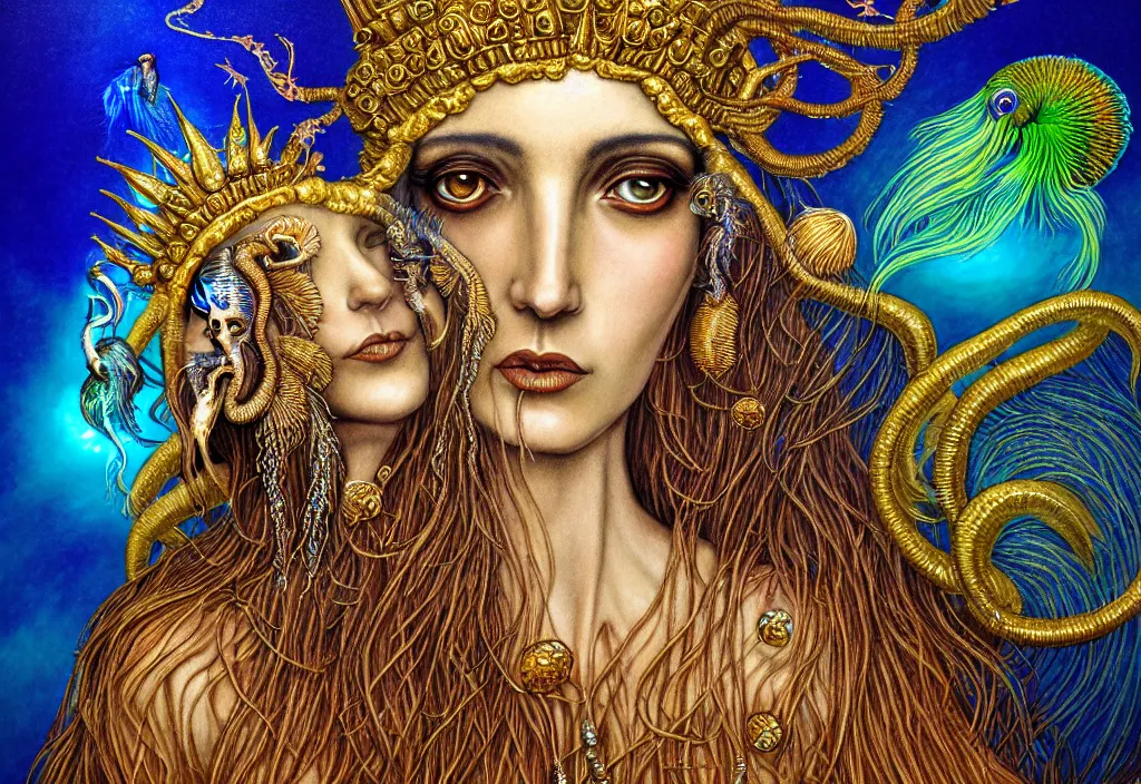 Prompt: isis goddess macro close - up portrait with extremely detailed crown made of ram skull dripping gold + betta fish + jellyfish, in the style of michael cheval, bioluminiscent, plasma, wind, creature