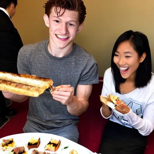 Prompt: Tom Holland eating spam musubi with a beautiful Filipina girl at Chapman University