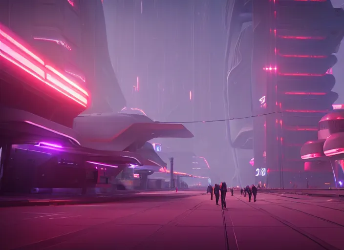 Image similar to a futuristic colony, blade runner 2 0 4 9 city architecture, spacex starship rocket launch site, environmental lighting, stromy weather, ray tracing, people walking on street, amazing view, highly detailed, heavy traffic, neon shops, octane render, unreal engine 5, 4 k