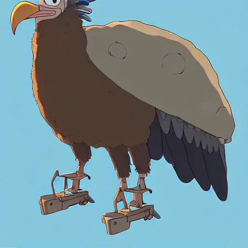 Image similar to a study of cell shaded cartoon of a grey mechanized vulture from howl's moving castle ( 2 0 0 4 ) on a desert road, full body, wide shot, very muted colors, post grunge, studio ghibli, laurie greasley, highly detailed, deviantart, art by artgem