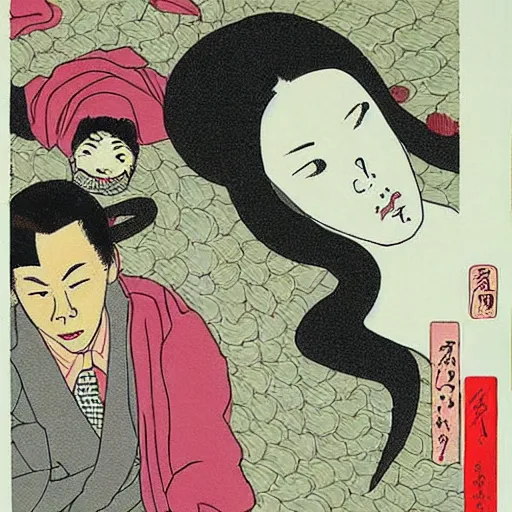 Prompt: A Japanese husband and his beautiful Japanese wife with a snake crawling around them, drinking tea by Toshio Saeki, high detailed