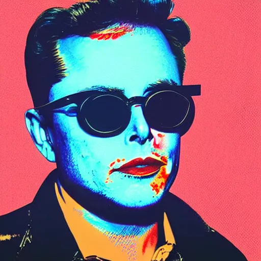 Prompt: the portrait of depressed, miserable, sorrow elon musk wearing retro chic sun glasses. colorful pop art, modern art, by andy warhol