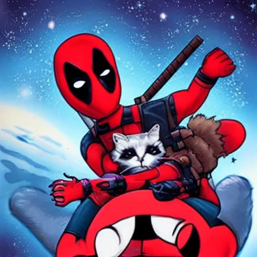 Image similar to deadpool riding on fluffy cat in space