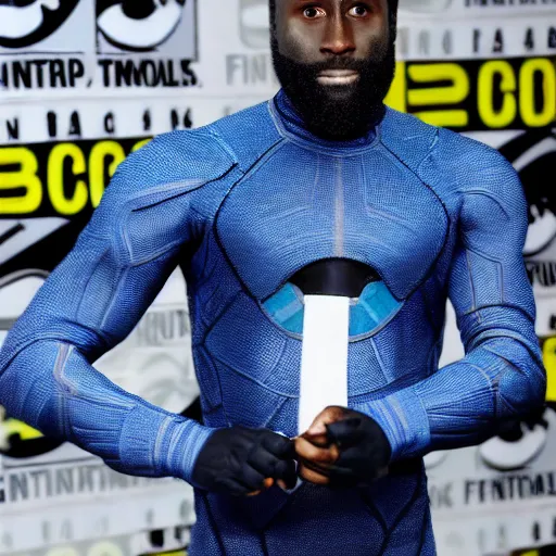 Image similar to john david washington dressed as reed richards from fantastic four movie, he is stretching his body like reed richards, the incredible shape shifting genius leader of the fantastic four, hyperreal - h 6 4 0