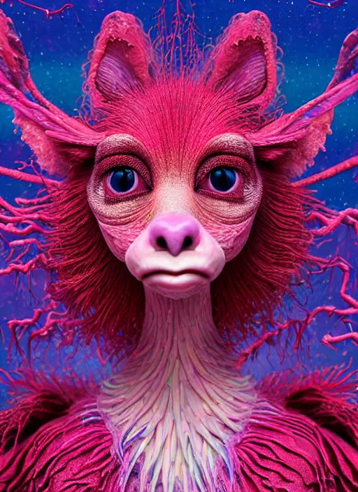 Image similar to hyper detailed 3d render like a Oil painting - kawaii portrait of two Aurora (a beautiful skeksis muppet fae princess protective playful expressive from dark crystal that looks like Anya Taylor-Joy) seen red carpet photoshoot in UVIVF posing in scaly dress to Eat of the Strangling network of yellowcake aerochrome and milky Fruit and His delicate Hands hold of gossamer polyp blossoms bring iridescent fungal flowers whose spores black the foolish stars by Jacek Yerka, Ilya Kuvshinov, Mariusz Lewandowski, Houdini algorithmic generative render, golen ratio, Abstract brush strokes, Masterpiece, Edward Hopper and James Gilleard, Zdzislaw Beksinski, Mark Ryden, Wolfgang Lettl, hints of Yayoi Kasuma and Dr. Seuss, octane render, 8k