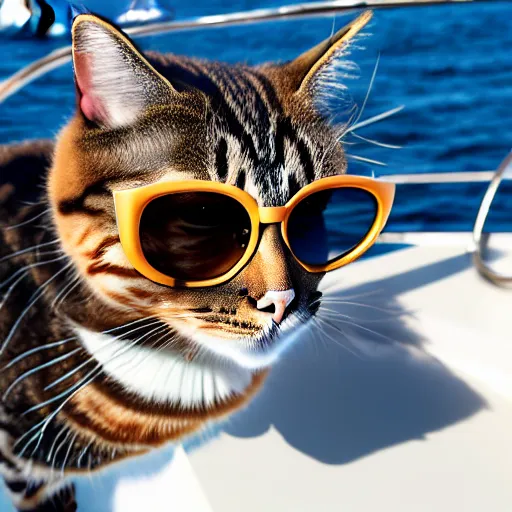 Prompt: cat wearing sunglasses on his yacht hanging out with beautiful female cat models, paparazzi photo, candid 8 k,