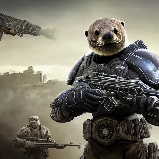 Image similar to a sea otter in gears of war armor firing a pistol