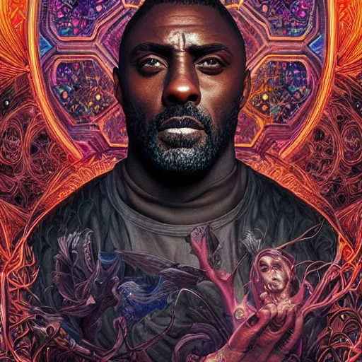 Image similar to portrait of idris elba, hyper detailed masterpiece, neon floral pattern, jean giraud, digital art painting, darkwave goth aesthetic, psychedelic, artgerm, donato giancola and tom bagshaw