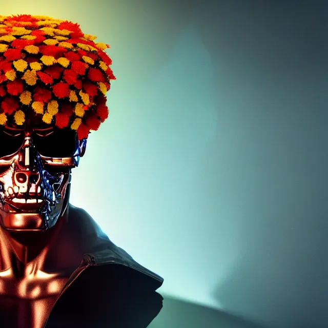 Image similar to portrait of the terminator with a a flower afro made out of various flowers, eating flowers, dramatic cinematic lighting, bold colors, 8 k, beautiful intricate painting, hyper realistic, octane render