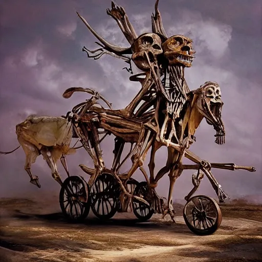 Prompt: The mixed mediart features a human figure driving a chariot. The figure is skeletal and frail, with a large head and eyes. The chariot is pulled by two animals, which are also skeletal and frail. slow shutter speed by Alex Ross rich