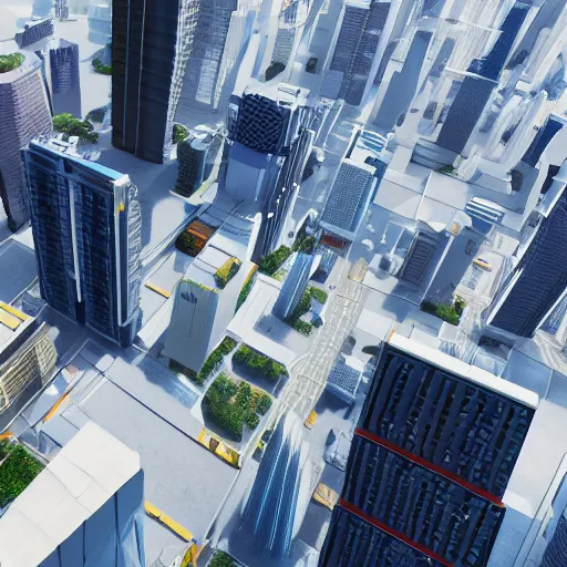 Prompt: Modern Japanese city with low-rise buildings and skyscrapers in the style of the game Mirror's Edge 2009, hyperdetailed, artstation, cgsociety, 8k