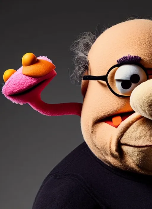 Image similar to studio portrait still of muppet!!!!! danny devito!!!!!! as a muppet muppet as a muppet, 8 k, studio lighting, key light,