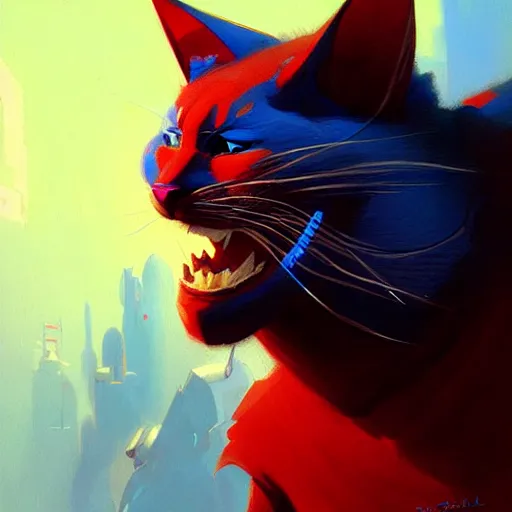 Image similar to blue cat eating red sable painting by eddie mendoza, greg rutkowski