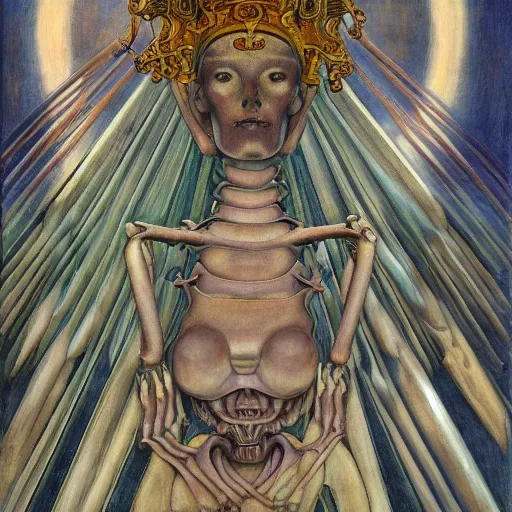 Prompt: weeping robot wearing the bone crown, by Annie Swynnerton and Diego Rivera and Evelyn De Morgan, symbolist, dramatic lighting, elaborate geometric ornament, god rays, soft cool colors,smooth, sharp focus, extremely detailed, Adolf Wölfli