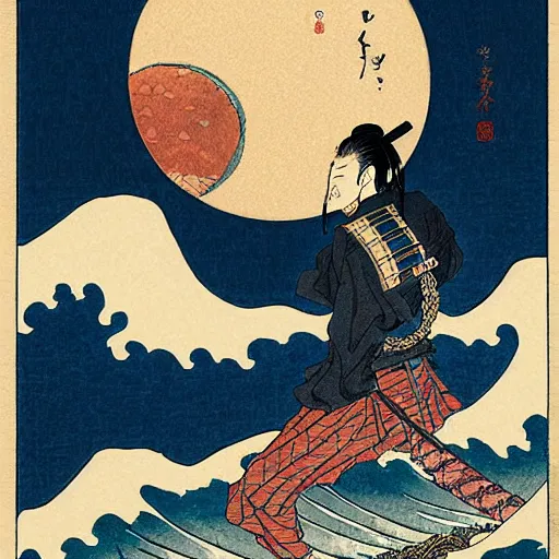 Image similar to greeting card by hokusai, samurai man vagabond with a moon behind him, the samurai is wrapped in chains, detailed, editorial illustration, matte print, concept art, ink style, sketch, digital 2 d