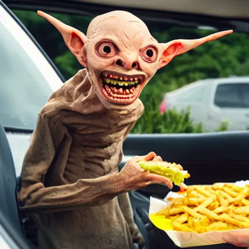 Image similar to creepy goblin handing out food at the mcdonald's drive through, photograph