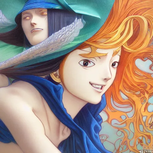 Image similar to intricately detailed vfx portrait of nami from one piece by eiichiro oda, makoto shinkai, alphonse mucha, art by artgerm and greg rutkowski, best of behance, concept art, matte, sharp focus, orange hair, elegant, adolphe bouguereau, annie leibovitz, stanley kubrick, johannes vermeer, hdr,