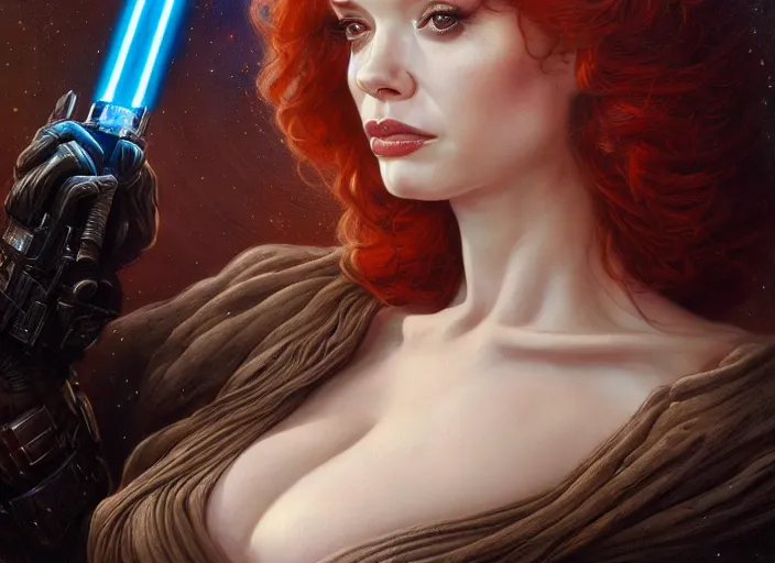 Image similar to low angle portrait shot of christina hendricks in star wars, intricate, elegant, highly detailed, centered, digital painting, artstation, concept art, smooth, sharp focus, illustration, artgerm, tomasz alen kopera, peter mohrbacher, donato giancola, joseph christian leyendecker, wlop, boris vallejo