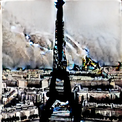 Image similar to extensive smoke rising from the top of the eiffel tower, aerial view, several police cars and crowds running across the ground, polaroid, 6 0's, hyperrealism, no blur, 4 k resolution, ultra detailed