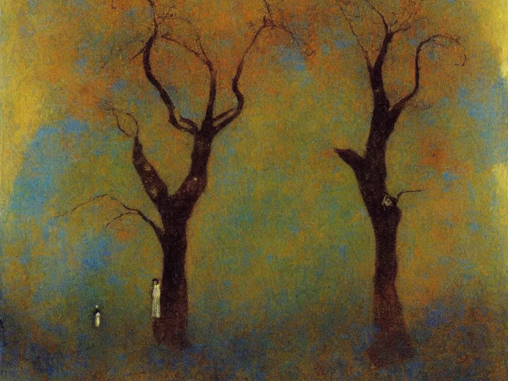 Image similar to portrait of an old tree. painting by odilon redon