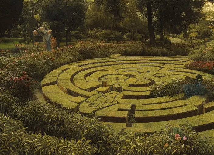 Image similar to jim henson's labyrinth. hedge maze. three stone - lined ponds lie in a large circular clearing. edgar maxence and caravaggio and michael whelan and delacroix style, artistic, intricate painting, cinematic lighting, hyper realistic, extremely detailed, vivid colors, establishing shot, dramatic lighting