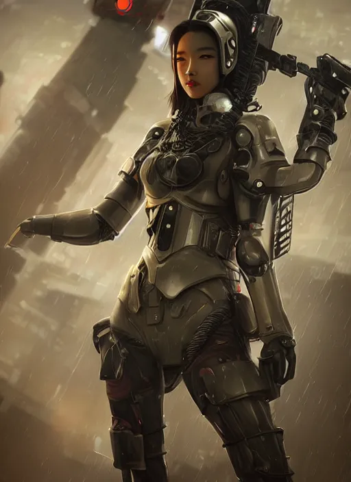 Image similar to An epic fantastic realism comic book style portrait painting of a female cyber warrior, tzuyu from twice, dieselpunk armor, long fluffy hair, porcelain pale skin, cyberpunk color raining tokyo everywhere, Concept world Art, unreal 5, DAZ, hyperrealistic, octane render, cosplay, RPG portrait, dynamic lighting