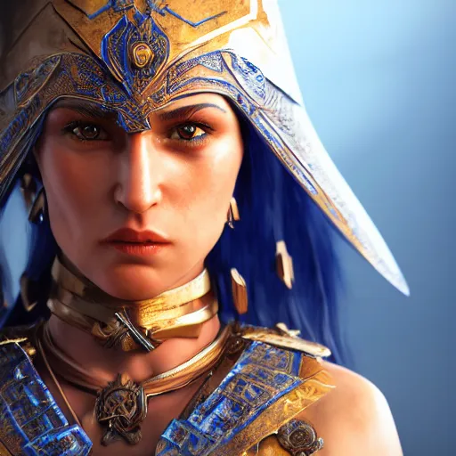 Prompt: female warrior with lapis lazuli warrior, highly detailed, 4k, HDR, award-winning, artstation, octane render